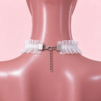 Poison Bloom Lace Choker in white, back view showing the lobster clasp and silver extension chain