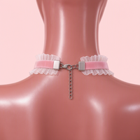 Velvet Crush Lace Choker in pink, back view showing the lobster clasp and silver extension chain