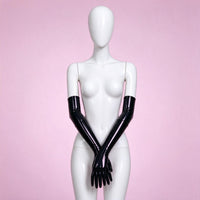 Dark Alert black patent opera gloves on a white mannequin, front view