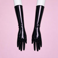 Dark Alert black patent opera gloves, back view
