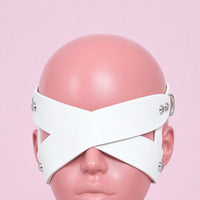 Blind Date white eye mask, close-up of the silver rivets and O-ring
