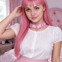 Halo Breaker Lace Choker in pink, worn at the throat