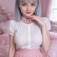 Feral Kitten Lace Choker in pink, worn at the throat
