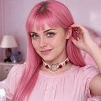Rose Claw Choker in white with red roses, worn at the throat