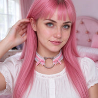 Purr Ribbon Lace Choker in pink, worn at the throat