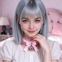 Jingle Brat Lace Collar in pink, worn at the throat