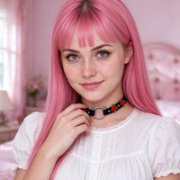 Rose Claw Choker in black with red roses, worn at the throat