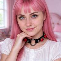 Thorn Heart Choker in black with red roses, worn at the throat