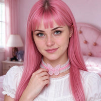 Flutterbite Lace Choker in pink, worn at the throat