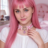 Heartache Lace Choker in pink, worn at the throat