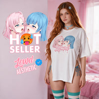 Yuri Tension Side Peek Top by Lewd Fashion - white oversized anime top with open side splits and pink and blue yuri kiss print