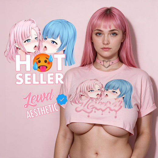 Yuri Pink Crop Top by Lewd Fashion - pastel pink anime crop top with yuri girls kiss print