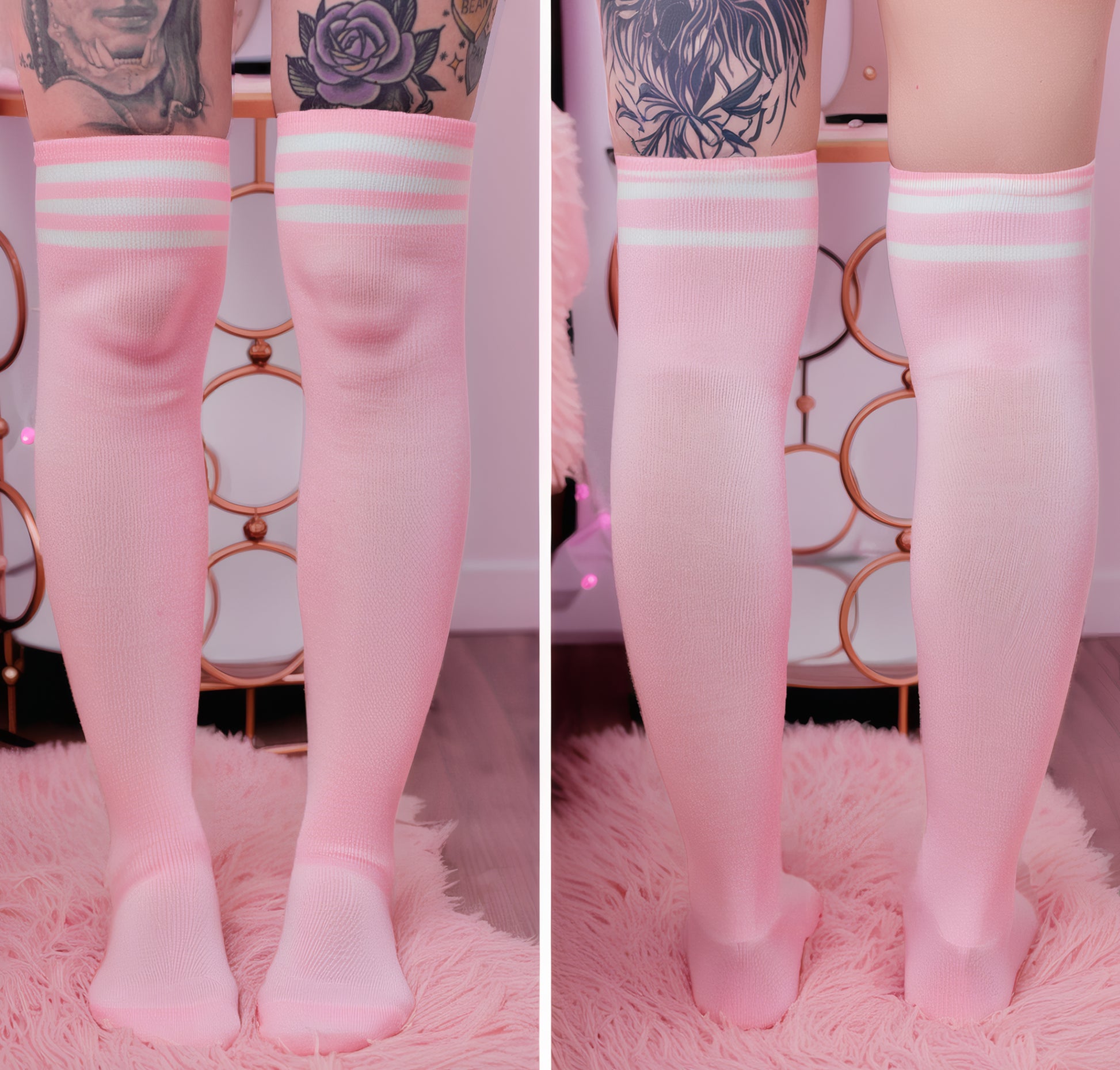 Pink thigh-high shimapan socks with white stripes, soft knit fabric, modeled in kawaii bedroom setup for anime cosplay and OnlyFans outfits.