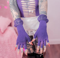 Midnight Maid Bodystocking | Purple Mesh Maid Lingerie Set | Tearable Bodystocking + Lace Apron + Fingerless Gloves + Thigh Highs | Alt Kawaii Goth Cosplay Outfit