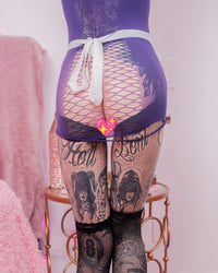 Midnight Maid Bodystocking | Purple Mesh Maid Lingerie Set | Tearable Bodystocking + Lace Apron + Fingerless Gloves + Thigh Highs | Alt Kawaii Goth Cosplay Outfit