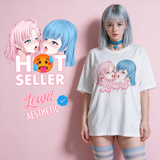 Yuri Tension Oversized Waifu Shirt by Lewd Fashion - white oversized anime tee with pink and blue yuri kiss print
