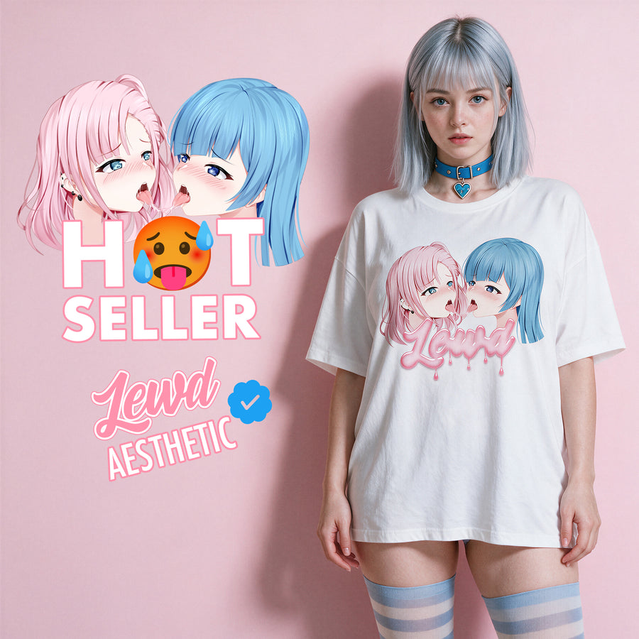 Yuri Tension Oversized Waifu Shirt by Lewd Fashion - white oversized anime tee with pink and blue yuri kiss print