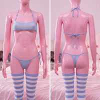 Blue Micro Strip Bikini Set front and back view on mannequin - Lewd Fashion
