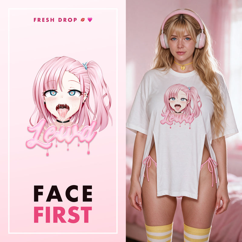 Lewd Drip Ahegao Side Peek Top | Pink Waifu Side Slit Tee
