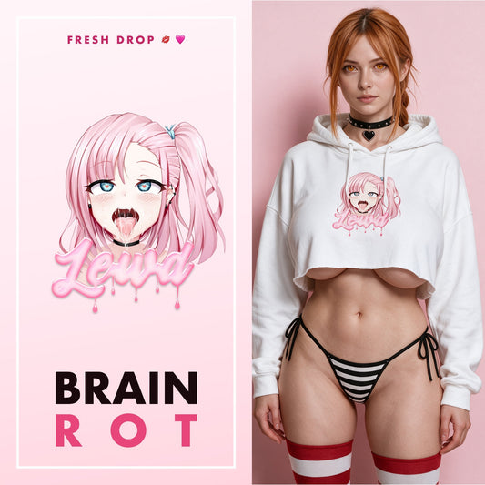 Ahegao Delulu White Crop Hoodie, Brain Rot master thumbnail
