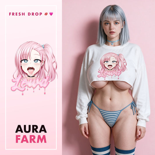 Ahegao Delulu White Crop Sweatshirt, Aura Farm master thumbnail