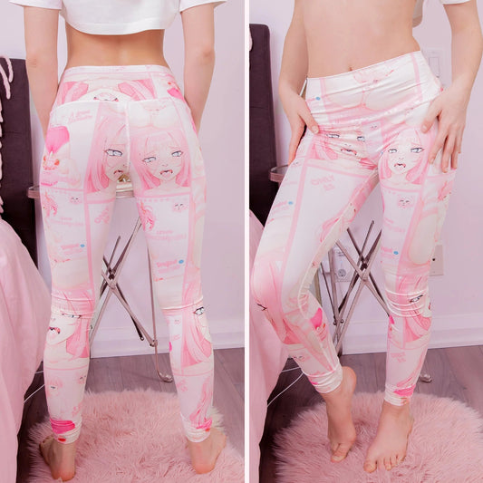 Model wearing Ahegao Face Anime Leggings with anime design