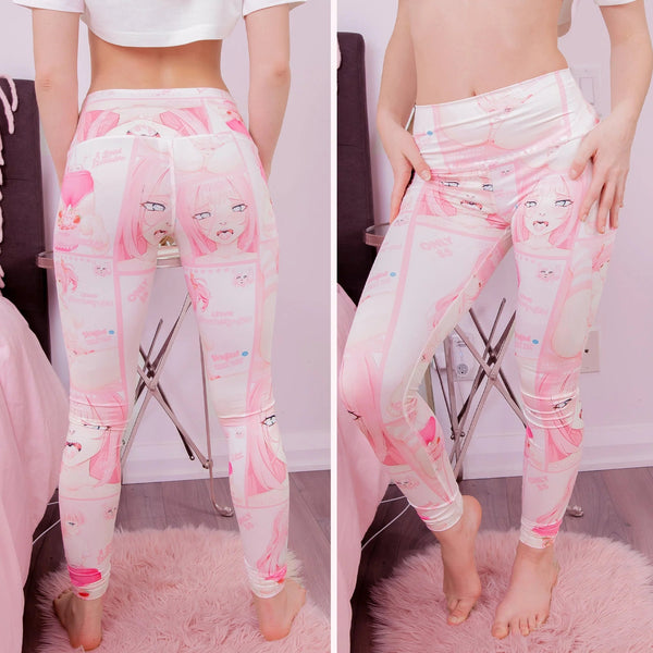 Model wearing Ahegao Face Anime Leggings with anime design