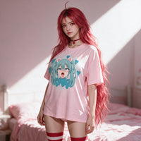 VSCO Catgirl pink oversized shirt — seated front on, print shown full