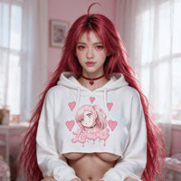 Akane front on in the white crop hoodie, the smirking pink-haired anime girl print sharp and full to camera