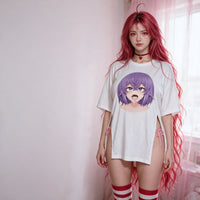Ahegao Underboob Side Peek Top — standing front against a plain wall, side splits and full print visible