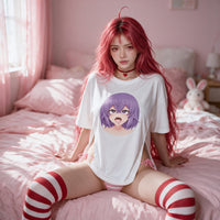 Ahegao Underboob Side Peek Top — kneeling on the bed, oversized drape and split hem