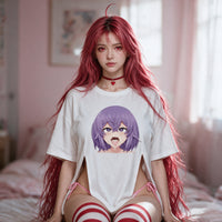 Ahegao Underboob Side Peek Top — seated front on, ahegao print shown flat