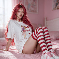Yandere Confession white oversized shirt — seated on the pink bed with red and white striped thigh highs