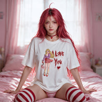 Yandere Confession white oversized shirt — kneeling on the bed with the print flat to camera