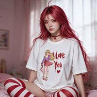 Yandere Confession white oversized shirt — seated front on, print shown full