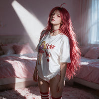 Yandere Confession white oversized shirt — standing in a hard shaft of afternoon light
