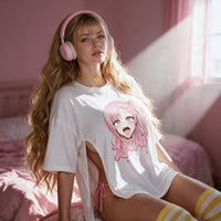 Lewd Drip Ahegao Side Peek Top — seated in window light, print and drop shoulder
