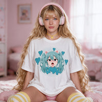 VSCO Catgirl white oversized shirt — seated on a pink bed with striped thigh highs