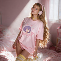 Lewd Otaku pink oversized shirt — seated front on, print shown full