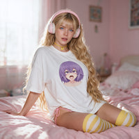 Purple Ahegao white oversized shirt — seated on a pink bed with striped thigh highs