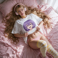 Purple Ahegao white oversized shirt — standing in a hard shaft of afternoon light