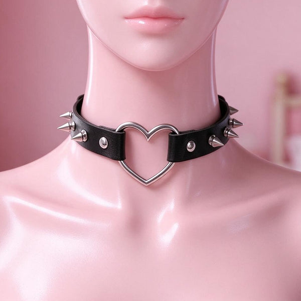 Black Spiked Heart Choker Collar on a mannequin