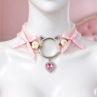 Pink lace cat ear choker front view on a mannequin