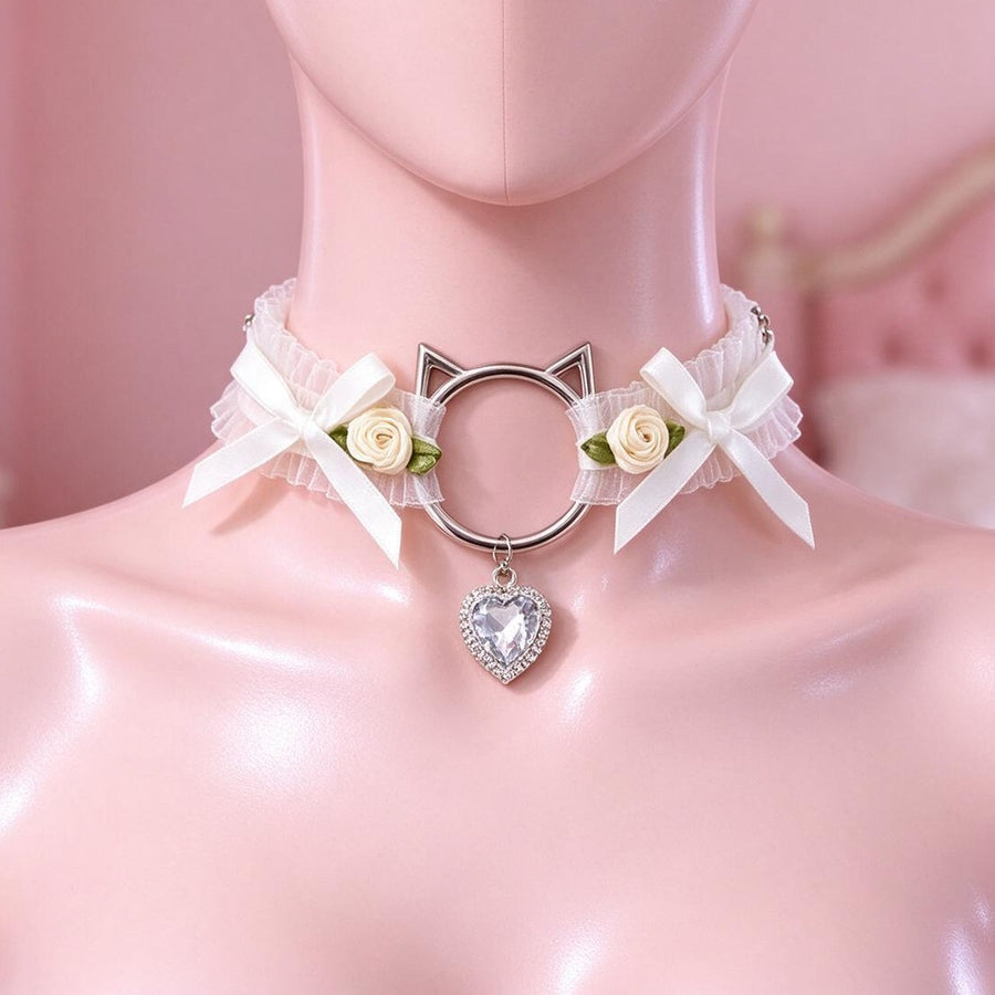 White lace cat ear choker front view on a mannequin