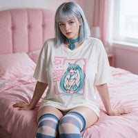 Bunnygirl Oversized Shirt — seated front on at the edge of the bed