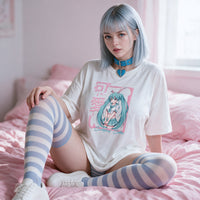 Bunnygirl Oversized Shirt — seated on the bed with one knee raised