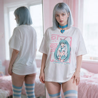 Bunnygirl Oversized Shirt — at the mirror, front and back in one frame