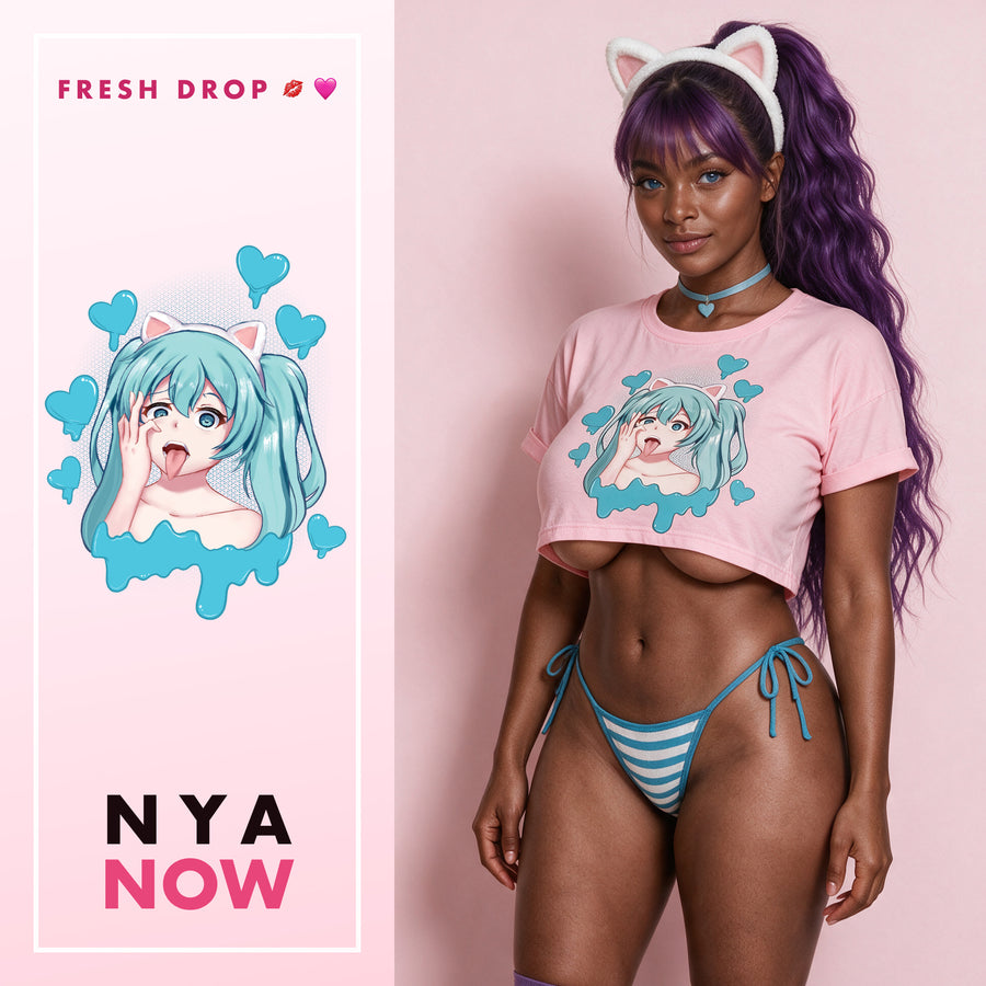 Ecchi Neko Girl Ahegao Pink Crop Top, master thumbnail