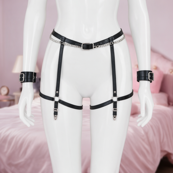 Cuffed bondage harness set, front view on a mannequin