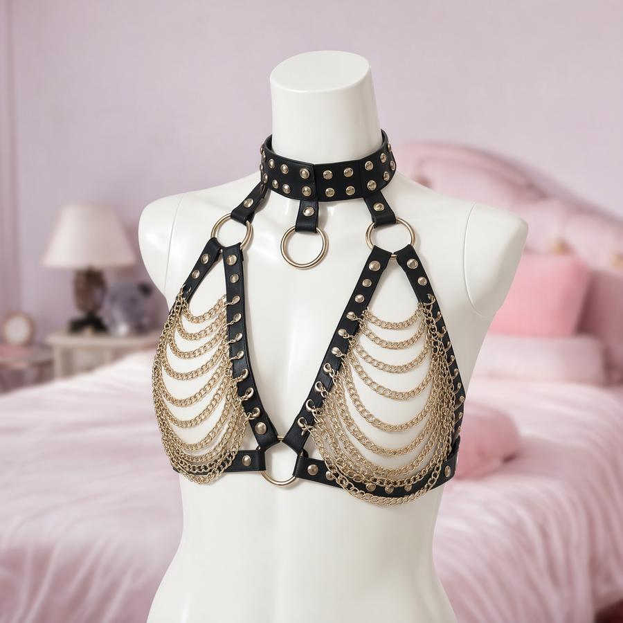 Gold Digger studded collar gold chain harness, front view on a mannequin